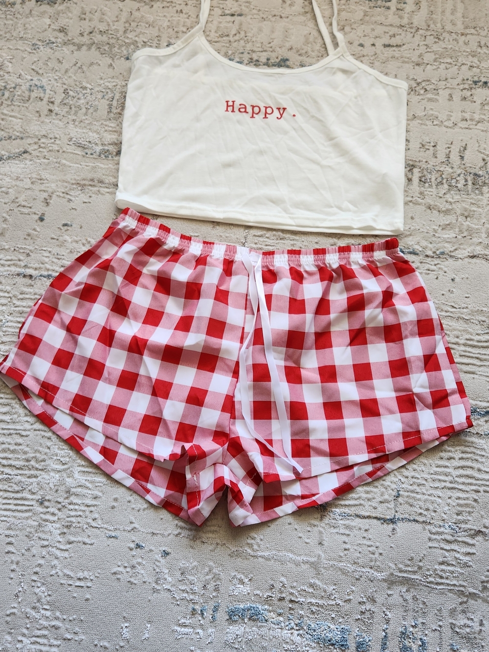 NEW White 'Happy.' Cropped Tank & Red Gingham Lounge Shorts Set